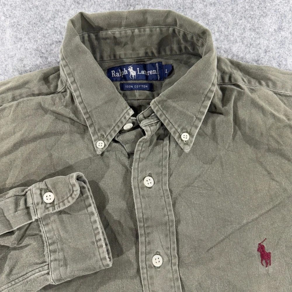 Polo Ralph Lauren Mens Large Olive Green Cotton Twill Button Down Shirt Red Pony